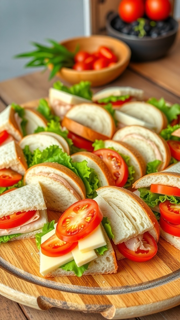 Creative Sandwich Bread Snack Ideas An assortment of sandwich snacks with turkey, lettuce, tomatoes, and cheese on a wooden platter.